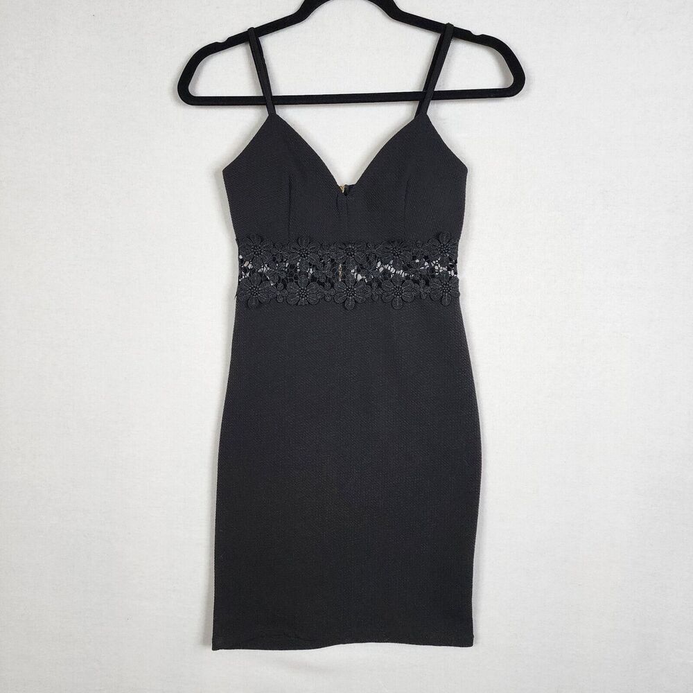 Iris Cut Out Waist Floral Strapless Bodycon Black Dress Back Zip Stretch Size S